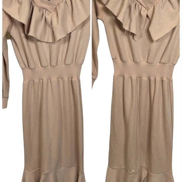LOVE & J LOVE Fleece Frilled Collar Midi Beige Dress Sz Sm - Made In Korea - Picture 6 of 7